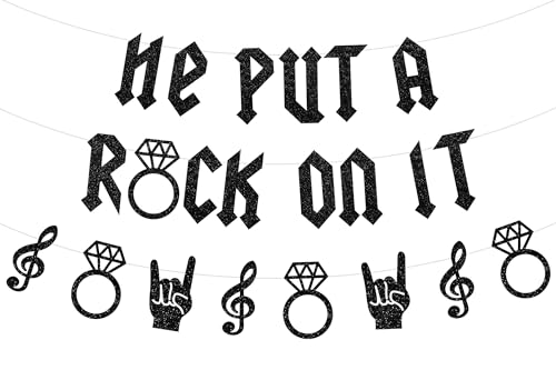 Wonmelody Rock and Roll Bachelorette Decoration with He Put A Rock On It Banner Black Rock and Ring Garlands Music Bachelorette Party Decor for Retro Hip Hop Wedding Engagement Bridal Shower