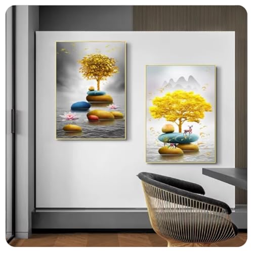 Art mural avec paysage de pierre et d'arbre dorés : impression sur toile d'art en lot de 2