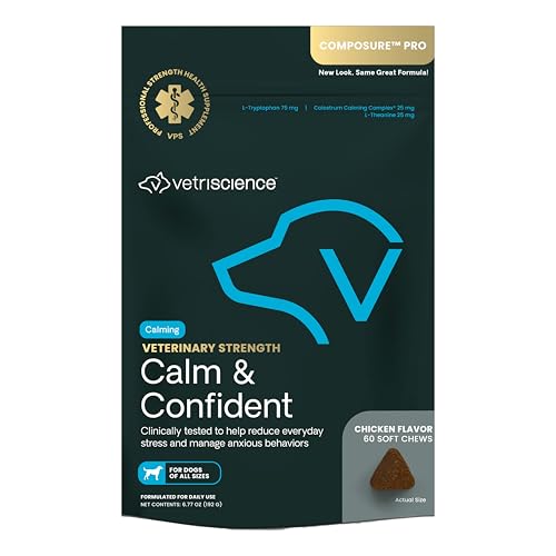 VetriScience Veterinary Strength Calm & Confident Chews - Stress Supplement for Pets - Supports Brain Function for Cats & Dogs - with L-Theanine, Thiamine & More - 60 Count