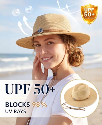 Image of Home Prefer UPF50+ Men's Wide Brim Straw Fedora Sun Hat with Badge Lanyard