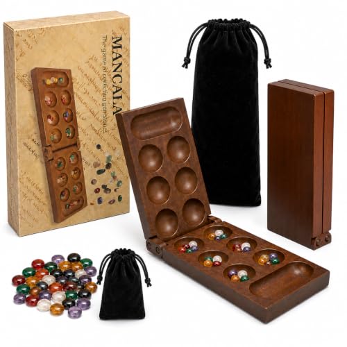 Mancala Board Game Walnut Folding Board with Velvet Bag for Home & Travel