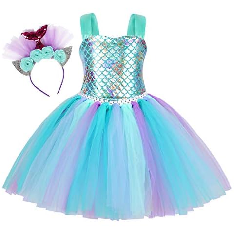 HenzWorld Little Girls Mermaid Tutu Dress for Cosplay Theme Party Dressing up Christmas Halloween Decorations Outfit Birthday Party Headband Light Blue 4-5 Cover