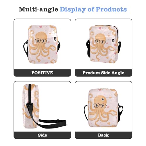 Crossbody Bag Cute Octopus Pink Hearts Glasses Messenger Bag for Women Men Purse Shoulder Bag Satchel Bag with Adjustable Strap 214B81194