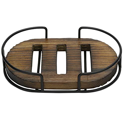 Mygift Rustic Burnt Solid Wood Soap Dish Tray With Industrial Matte Black Metal Wire Frame, Bathroom Counter Sink Shower Oval Bar Soap Saver Holder, Idea #TOP6