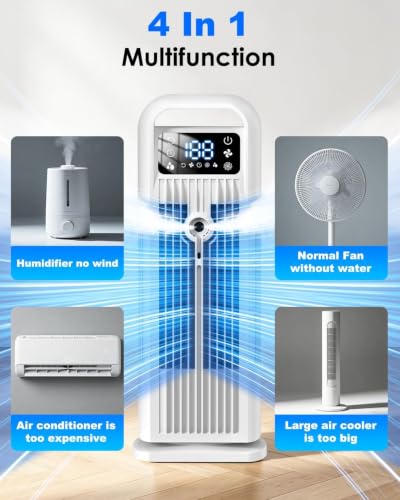 Image of Portable Air Conditioner, 4 in 1 Evaporative Air Cooler with Remote Control, 1200ML Water Tank, 120 Oscillating, 4 Speeds, 12H Timer, Mist Spray Tower Fan for Home Office, White