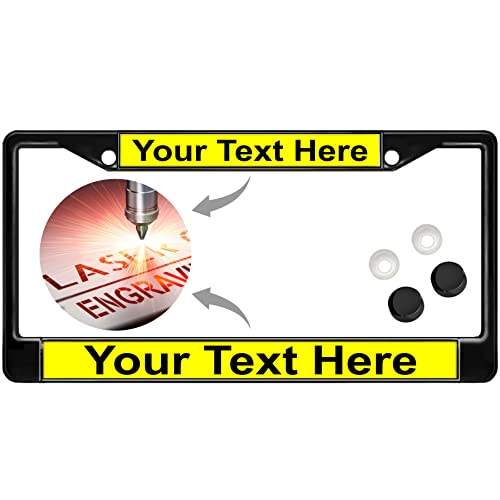 Image of Custom Personalized Black Powder-Coated Metal Laser Engraved Standard Size - Car /Automobile License Plate Frame with Free caps - Yellow /Black Text (Qty: 1 Frame)