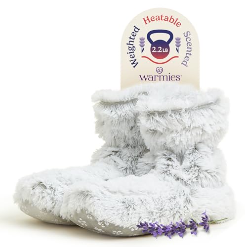 warmies Microwaveable House Slipper Boots for Women - Womens Shoe Sizes 6-10 - Comfy, Soft & Fuzzy Indoor Bootie Slipper with Backs & Memory Foam Soles - Cozy Warm Slip On Boots for Winter - Gray