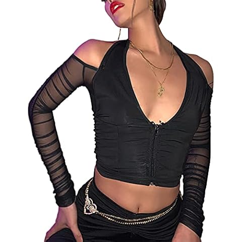 Sexy Halter Top Cold Shoulder Mesh Patchwork Long Sleeve Cropped T Shirts Women Trendy Going Out Y2k Deep V Neck Ruched Rave Corset Crop Tops (Black, XS) Cover
