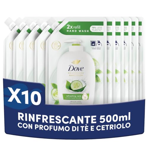 Dove, Sapone Liquido Mani, Ricarica Sapone Liquido Mani, Go Fresh, Rimuove con Efficacia Sporco e Batteri, con +5 Agenti Idratanti, Formula 99% Biodegradabile, 10 pezzi da 500ml
