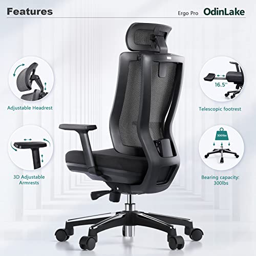 Odinlake Ergonomic Mesh - Seat Depth Adjustable Home Office Desk Chairs High Back With Lumbar Support - Computer Swivel Task Chair With Footrest, Headrest, Pu Wheels (Model: Ergo Pro 633) #TOP4