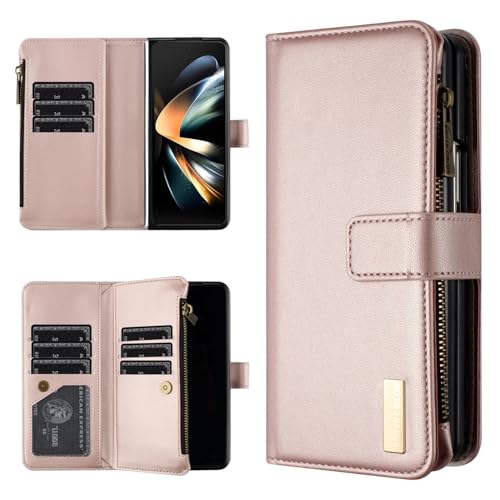 Étui portefeuille Galaxy Z Fold 7 cuir rose doré fentes cartes housse fermeture éclair