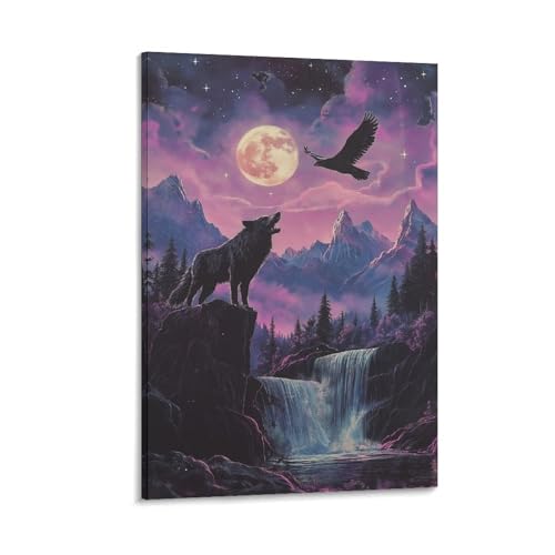 Peinture sur toile loup pour habiller un mur vide décoration murale couloir sombre 50x75cm