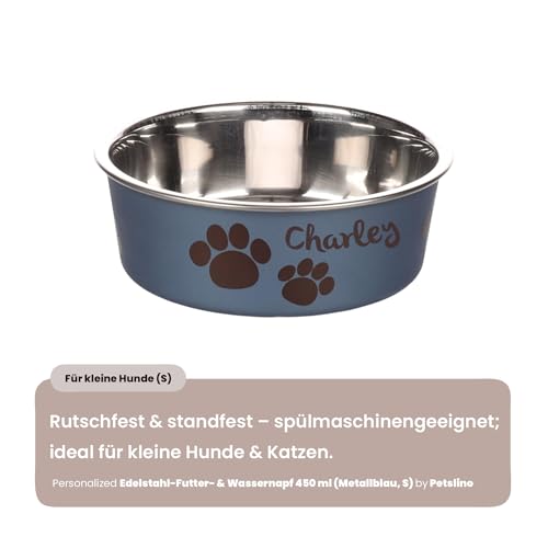 Hundenapf personalisiert aus Edelstahl S 450 ml Dunkelblau – rutschfest, leicht & hygienisch – Futter- & Wassernapf mit Namen für kleine Hunde & Katzen