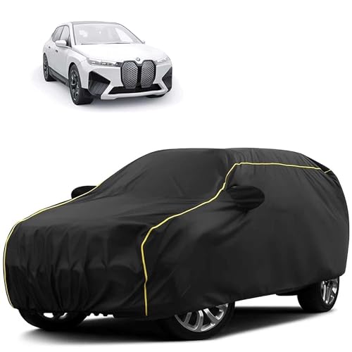 Image of Sulfar 100% Water Resistant Car Body Cover Compatible with Mirror for BMW iX(Electric) (Triple Stitched, Full Bottom Elastic, Black Tafetta with Yellow Piping)