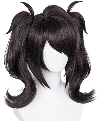 Image of Half and Half Black Ponytail Wig with Bangs Short Curly Black Anime Lolita Cosplay Wigs + Hairpins + Red Ribbons Black Twin Tails Wig for Women Halloween Party