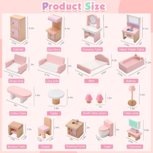 Image of 22 Pcs Dollhouse Furniture Wooden Dollhouse Furniture Set Miniature Playhouse Doll House Accessories with Living Room Bedroom Bathroom Kitchen for Girls Boys