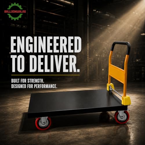 Image of Heavy-Duty Platform Trolley 650 KG, 37 x 25 Inch Steel Deck Platform Truck with Foldable Handle, Lockable 6 Inch PU Wheels for Warehouse, Factory & Industrial Use