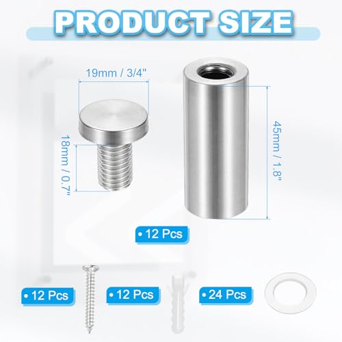 Image of PATIKIL 3 /4 inch x 2 inch Standoff Screws, 12 Pack Stainless Steel Wall Mount Sign Standoffs Mounting Hardware Advertising Nail for Hanging Acrylic Picture Frame, Silver
