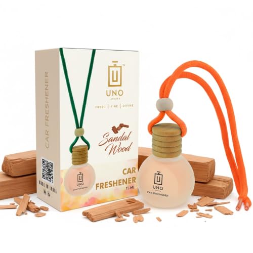 Image of UNO AROMA Sandal Wood Car Air Freshener, 15ml, Long Lasting Hanging car perfume, Toxin-Free Oil in Glass Bottle with Wooden Diffuser, Car Accessories for fresh aroma, Last Upto-60 Days