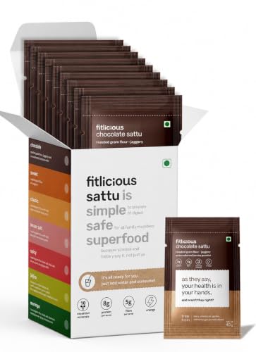 Image of fitlicious Chocolate Sattu Powder | Bihari Chana Sattu | Natural & Organic | Gluten-Free, Non-GMO | High Protein & Fiber | Instant PremiX | Healthy Drink For All Ages | Pack Of 10 X 40g Sachets