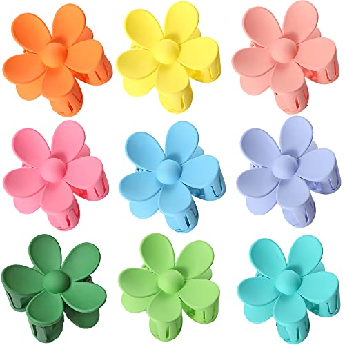 Qckarobe Flower Hair Claw Clips 9PCS Big Flower Clips Non Slip Cute Hair Claw Clips for Women Thin Thick Hair 9 Colors Large Matte Flower Hair Clip Strong Hold for Women Girls Holiday Gifts