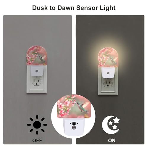 Image of Hummingbird with Cherry Blossoms Night Light Plug into Wall, Pink Flowers Bird Dusk to Dawn Night Light,0.5w Energy Saving Sleep Friendly Nightlight for Kids Boys Girls Home