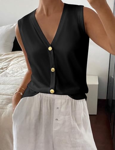 Image of Zeagoo Womens Sleeveless Sweater Trendy Knit Vest Striped Tank Tops 2025 V Neck Button Down Shirts Blouse Outfits Black XX-Large