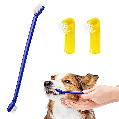 Image of SunGrow Dog & Ferret Toothbrush Set of 4, 2 Long Dual-Headed and 2 Finger Brush, Blue and Yellow, Puppy, Cat, and Small Breed Dog, 9-Inches and 2.5-Inches