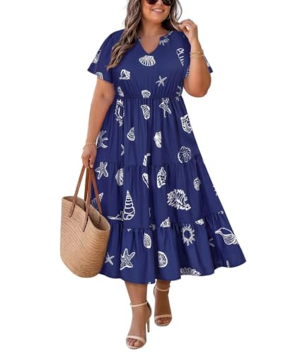 Image of TIYOMI Women Plus Size Dress Boho V Neck Short Sleeve Beach Maxi Dresses Floral /Stripe /Leaves /Lemon XL-5XL
