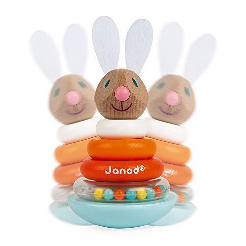 Janod - Stackable Culbuto Rabbit (Wood) - Wooden Early-Learning Toy - Educational Game - Fine Motor Skills - 12 Months - J08248