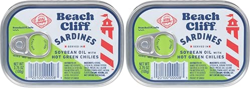 Beach Cliff Wild Caught Sardines in Soybean Oil with Hot Green Chilies, 3.75 oz Can - 17g Protein per Serving - Gluten Free, Keto Friendly - Great for Pasta &amp; Seafood Recipes (Pack of 2)