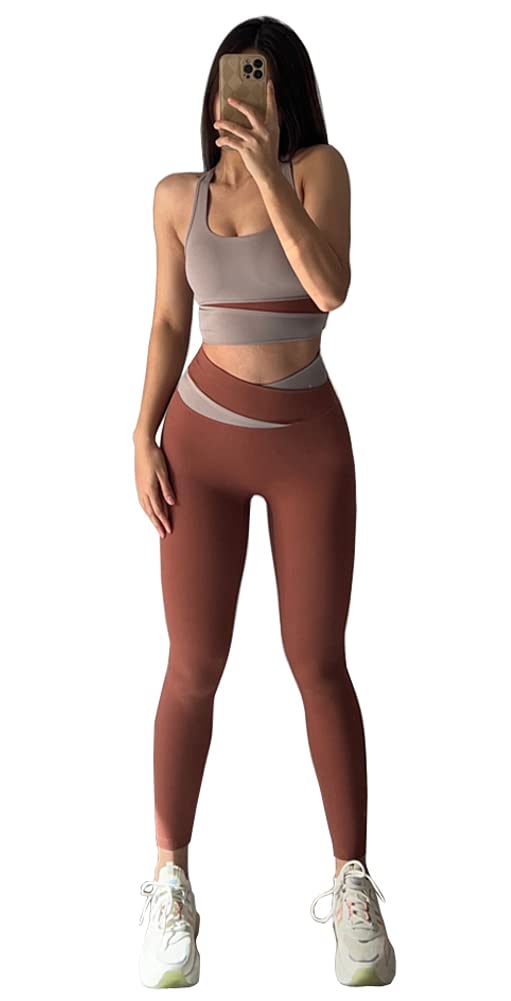 Angcoco Women's High Waisted Tummy Control Yoga Pants+Bra 2-Piece Set