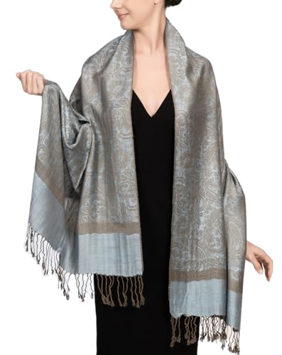 Achillea Two Tone Vintage Jacquard Paisley Pashmina Shawl Wrap Scarf (Powder Blue)