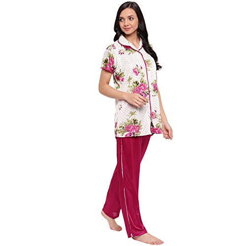 Image of Printed Night Suit for Women - Flower Print Satin Shirt and Pyjama Set (Front Open Collar Night Suit)