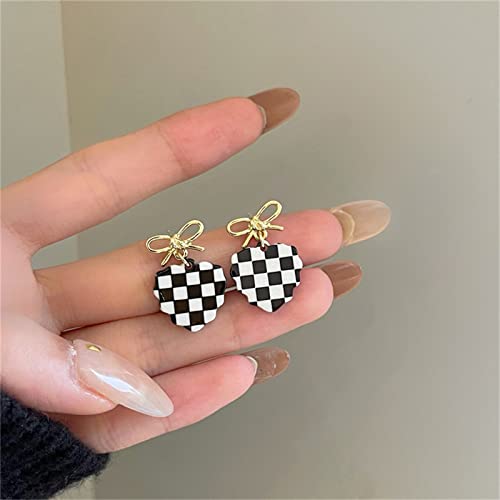 MALOYANVE Checkered Flag Earrings for Women Unique Cute Black White Striped Checkerboard Heart Geometric Dangle Drop Plaid Earrings Statement Minimalist Jewelry Gifts3