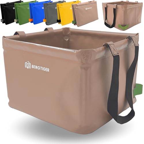 BERGTIGER® Faltschüssel Camping 18/22/26L mit EXTRA GRIFF I Faltbare Outdoor Spülschüssel & Spülwanne I Waschschüssel faltbar zum Abwaschen I robustes Camping Zubehör (Khaki/Olive- 26 Liter)