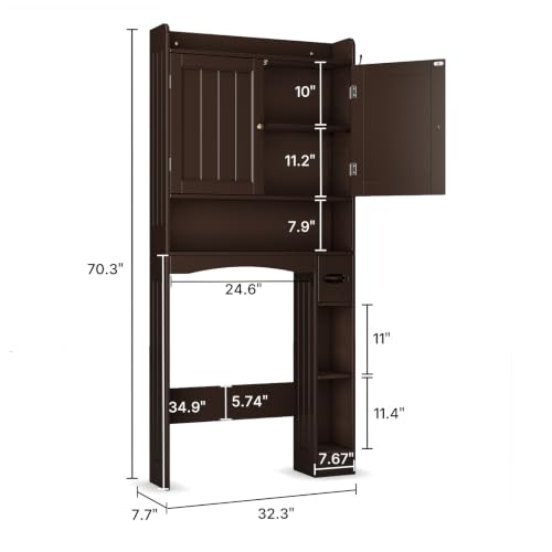 Image of Over The Toilet Storage Cabinet, 32.3 inch W, Grey | Over Toilet Bathroom Organizer with Doors, Adjustable Shelves, Toilet Paper Holder, 2 Side Hooks, for Bathroom, Laundry