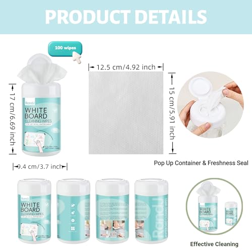 Image of Whiteboard Cleaning Wipes, 100 Count Total Disposable Dry Erase Wipes for Classroom, Office & Home, Electronic Screen Wipes, 100 Pcs Per Pack (3 PACK)