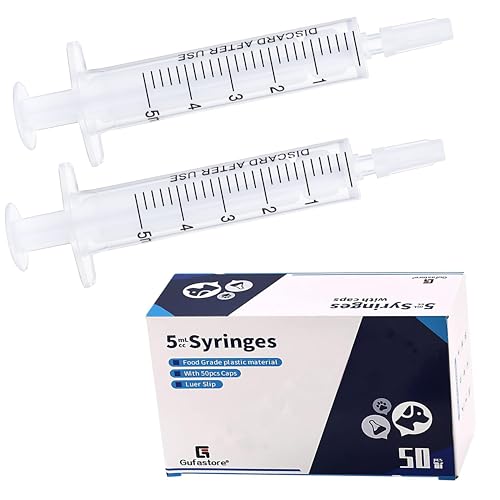 Gufastore 50pcs 5ml/cc Plastic Syringes with Caps Without Rubber Stopper in for Industry Lab Pet Feeding