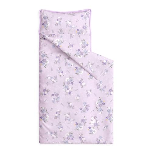Image of Wake In Cloud - Toddler Nap Mat with Pillow and Blanket, 100% Cotton Fabric, for Kids Girls Ages 3 Plus in Daycare Kindergarten Preschool, Roll Up Sleeping Bag, Floral Flowers