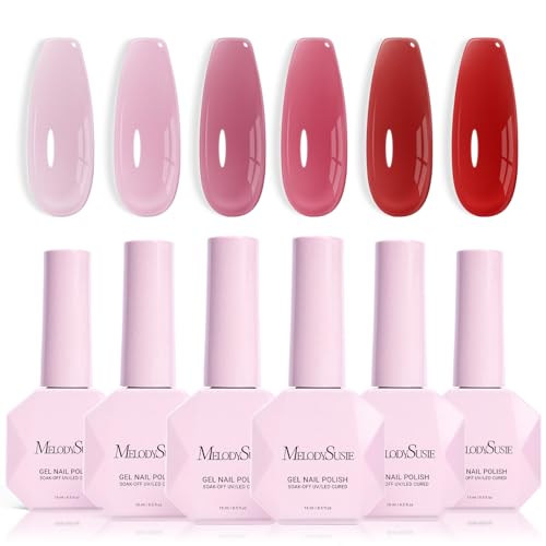 Image of MelodySusie Jelly Gel Nail Polish Set,6 Transparent Colors,Milky or Jelly Texture,Strawberry Pink Colors Soak Off UV LED Light Cure or Salon Manicure and Nail Art DIY at Home 15ML 0.3Fl Oz