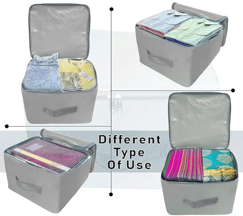 Image of Storite 6 Pack Nylon Wardrobe Bag Underbed Cloth Storage Organizer | Moisture ProofStorage box for Clothes Saree Bags with Zippered Closure & Handle (Grey, 37x35x23 cm) Square