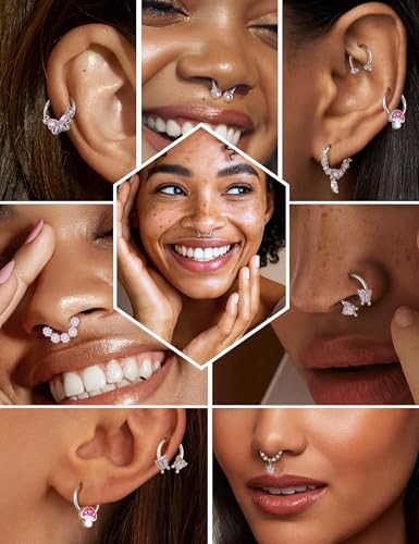 Drperfect 8Pcs Nose Rings Hoops for Women, 316L Surgical Steel Septum Clicker Rings Hinged CZ Silver Nose Ring Hoop 16G Eyebrow Lip Cartilage Tragus Rook Helix Conch Daith Piercing Jewelry 8mm/10mm3