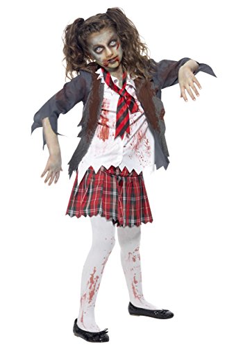 Smiffy's Smiffys-43025L Halloween Disfraz de Colegiala Zombi, con Falda de Cuadros Escoceses, Blazer, Falsa, Color Gris, L - Edad 10-12 años 43025L