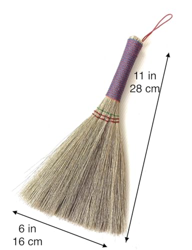 Image of Handmade Bamboo Grass Broom with Nylon Thread Handle - Angled Bristles for Sweeping Debris & Dust - Perfect for Carpet, Cobwebs & Dusting - Compact & Portable Cleaning Essential - 11 Inch