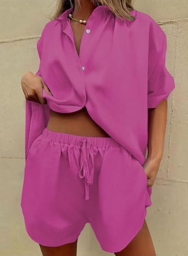 Image of Fixmatti Women 2 Piece Outfits Long Sleeve Button Down Blouse and Shorts Sweatsuit Sets