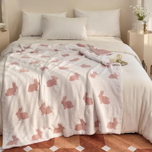 Image of Ultra Soft Cozy Happy Easter Rabbits Knitted Throw Blanket Fluffy Microfiber Checkerboard Bed Blanket Lightweight Both Sides Blanket for Couch Sofa Bed (Rabbit Pink, Throw 50 inchx60 inch)