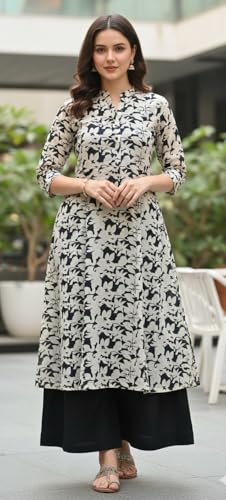 Image of CREATION & YOU Women Cotton Printed Kurta with Palazzo Set | Work /Office Wear Kurta Set for Women