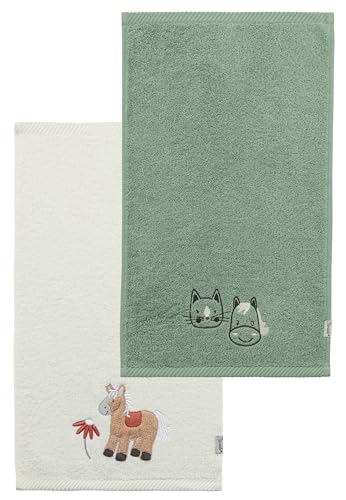 Sterntaler Kinderhandtuch 2er Pack Bauernhof - Handtücher Set aus saugfähiger Baumwolle angenehm auf der Haut - Kinder Handtücher mit schönen Webkanten und Applikation, steingrün