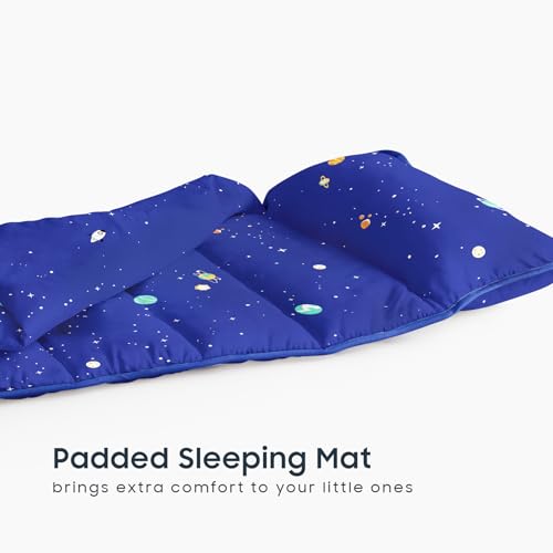 Image of Wake In Cloud - Toddler Nap Mat with Pillow and Blanket, 100% Cotton Fabric, for Kids Boys Ages 3 Plus in Daycare Kindergarten Preschool, Roll Up Sleeping Bag, Galaxy Spaces